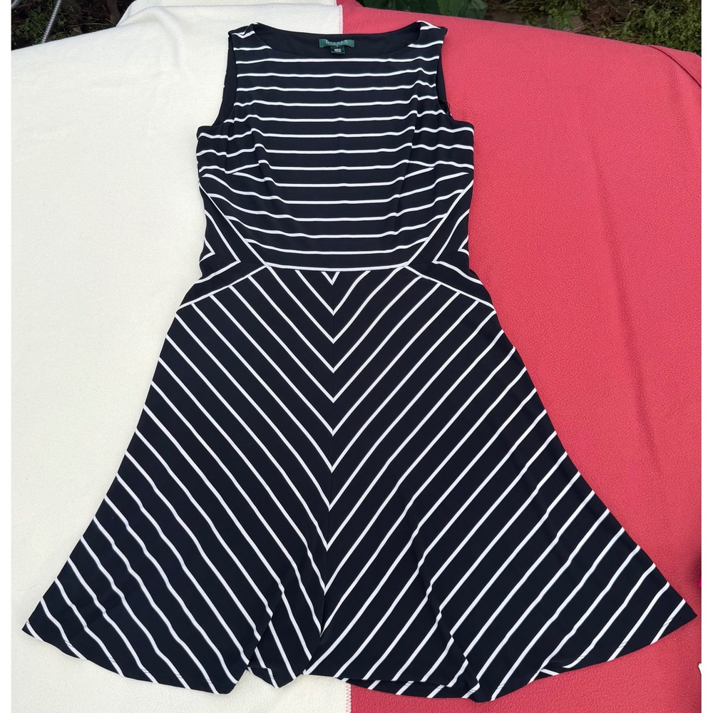 Lauren Ralph Lauren Navy White Striped‎ Chevron Fit Flare Dress Sleeveless 12